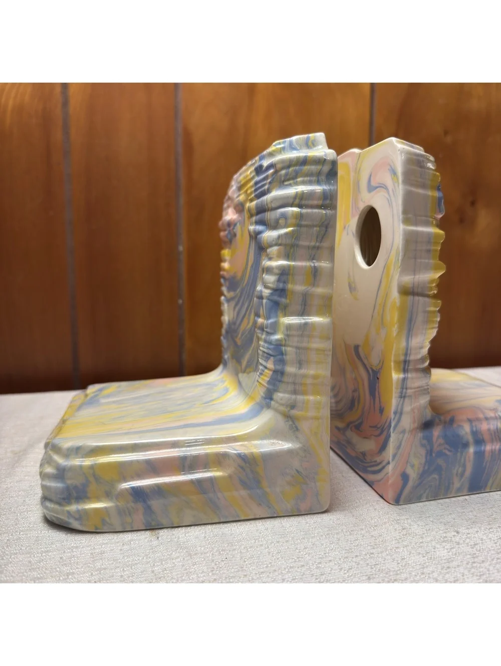Vintage Pastel Marbled Ceramic Bookends Pink Blue Yellow Swirl Set of 2